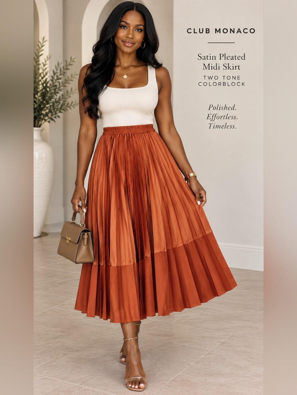 Club Monaco Rust Orange Satin Pleated Midi Skirt Size M Two Tone Colorblock